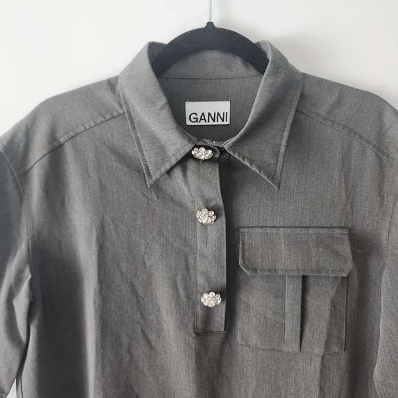GANNI Grey Mélange Suiting Pleated Mini Shirt Dress Size 36 - Picture 11 of 14